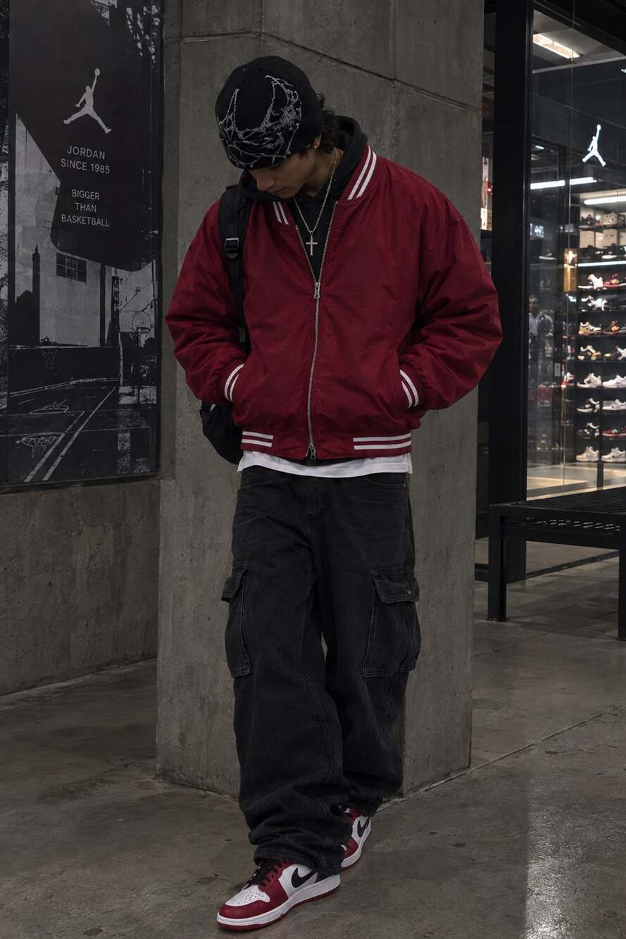H&M Red Full Zip Bomber Jacket with White Striped Ribbed Trim Size XL